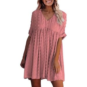 Romantic Swiss Dot Short Sleeve V Neck Flowy Mini Dress High Waist Size Large